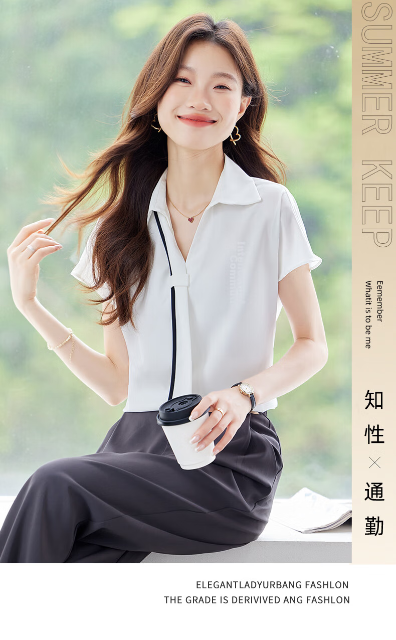 Jeanswest Women's Short Sleeve Shirt 2025 Summer High-End Design Ribbon Versatile Commuter Top White M 1