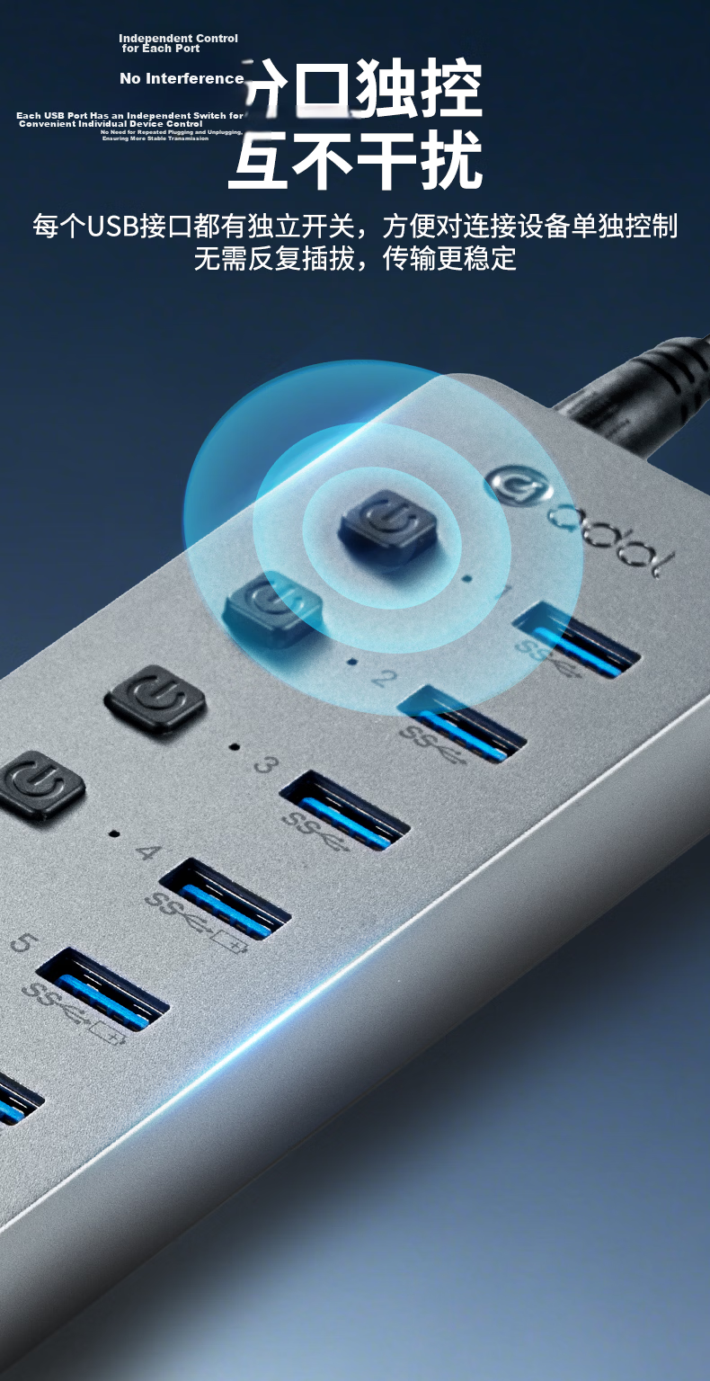 ASUS a USB Hub 7-Port 3.0 Splitter with Control Switch Expansion Dock USB Expander Laptop Dock HUB Converter Independent Power Adapter 1m Cable HA720 4