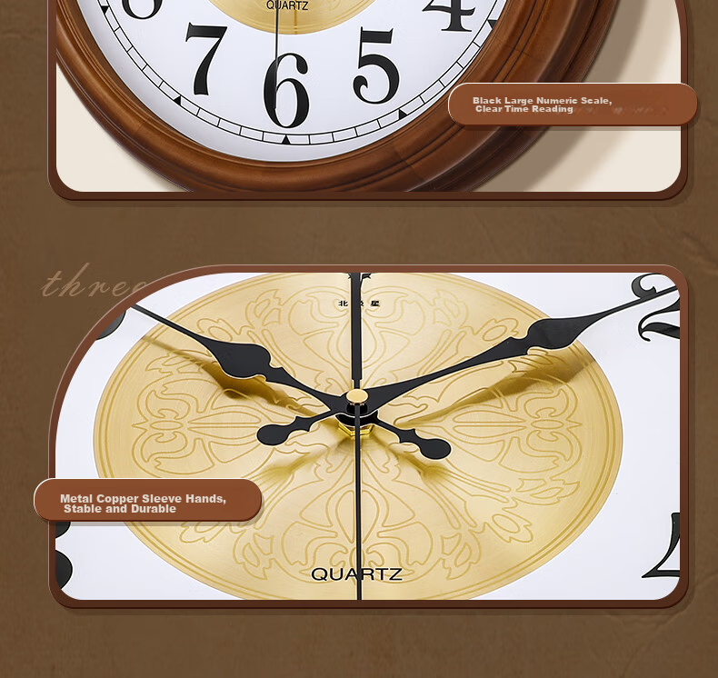 POLARIS Wooden Wall Clock, Vintage Style Living Room Timepiece, Luxurious Bedroom Clock, 40cm 17