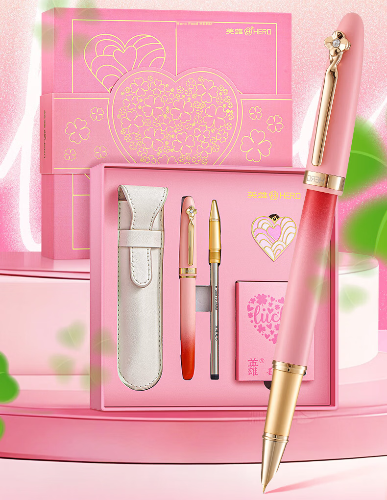 HERO Fountain Pen Gift Box High-End Graduation Gift for Women Signature Pen 5069 Ink Set Business Gift Birthday Present for Girlfriend Pink Red 2