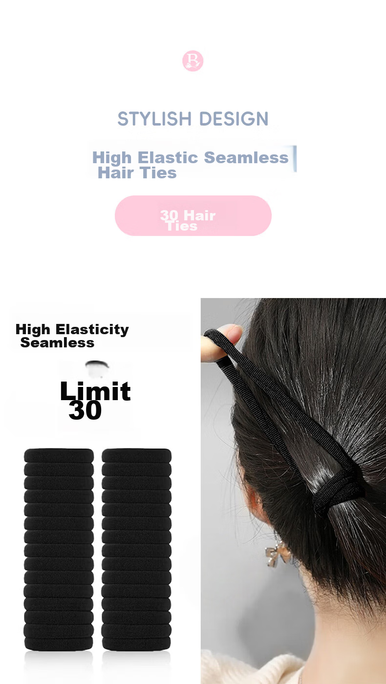 BAISHANGYITE Seamless Black Hair Ties 30-Pack Nylon High Elastic Hair Bands Hair Elastics 30 Pieces 1