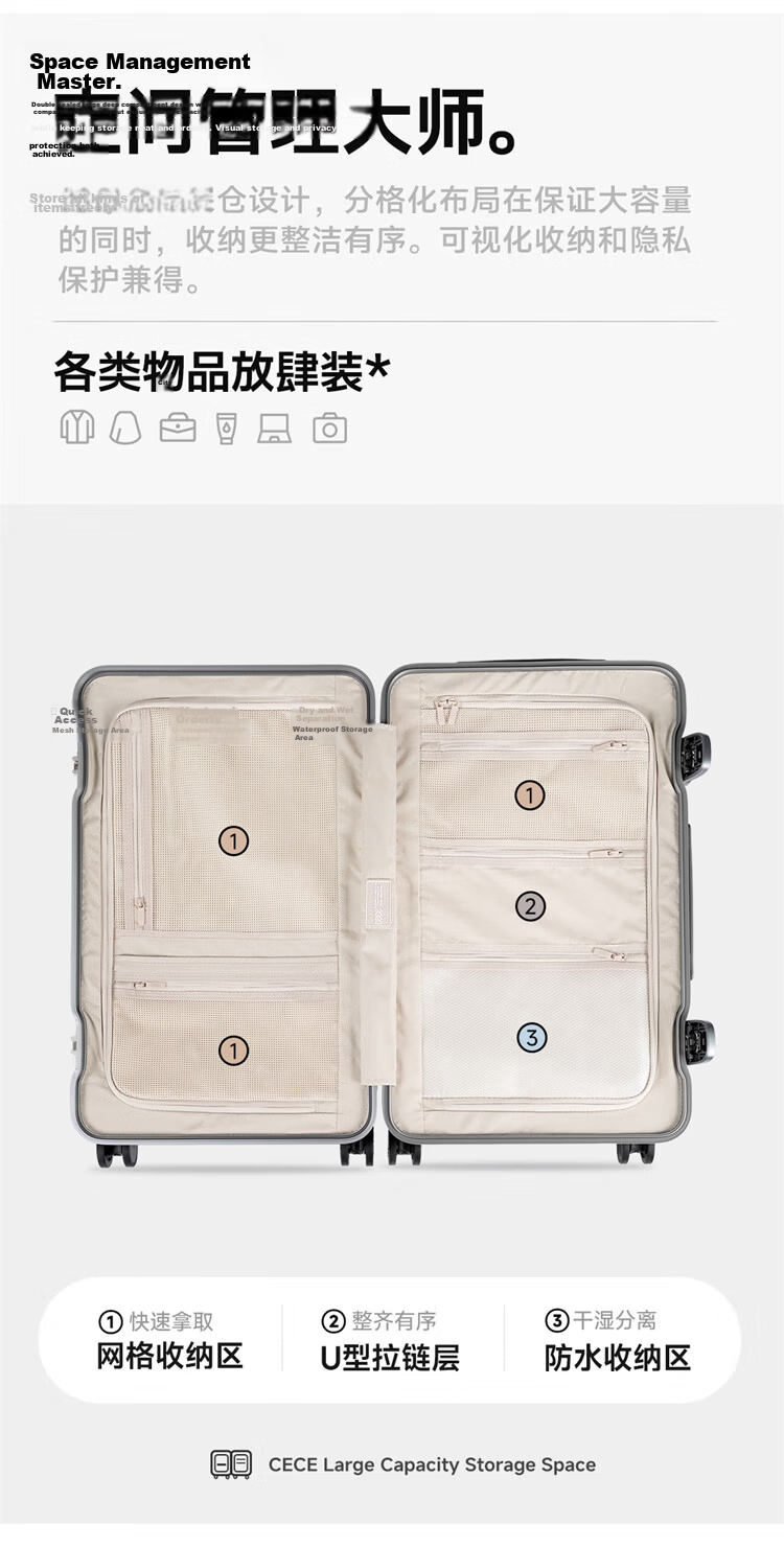 CECE Large Capacity Thickened Aluminum Frame Suitcase for Women, Travel Luggage with Trolley, Password Lock, Leather Case, Ice Blue, 30 Inch 2