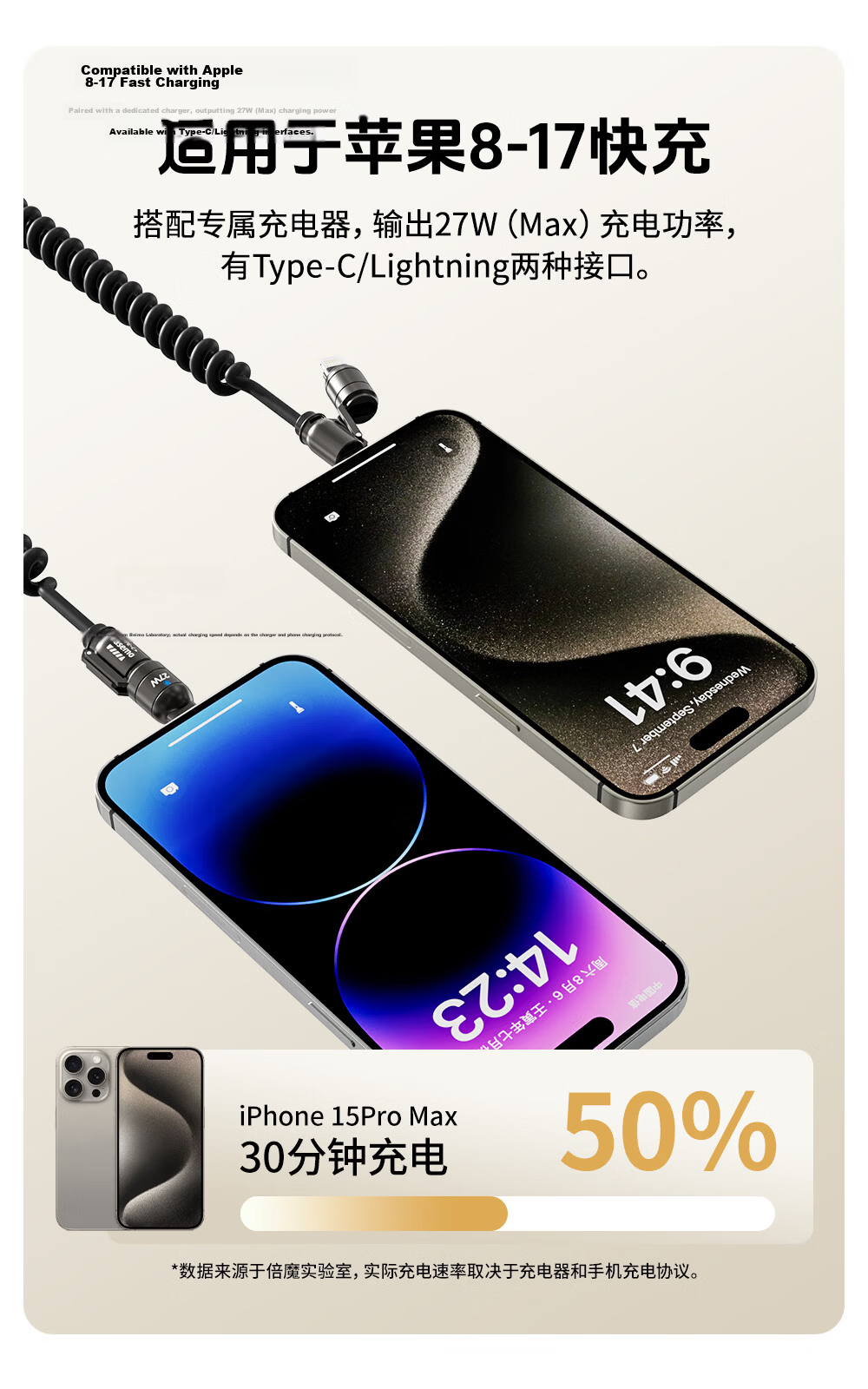 Beimo 240W Car Charger Cable Type-C Fast Charging Spring Retractable 4-in-1 Carplay Compatible for iPhone 17 Pro Max, iPhone 16, Huawei, Xiaomi - Gold 6