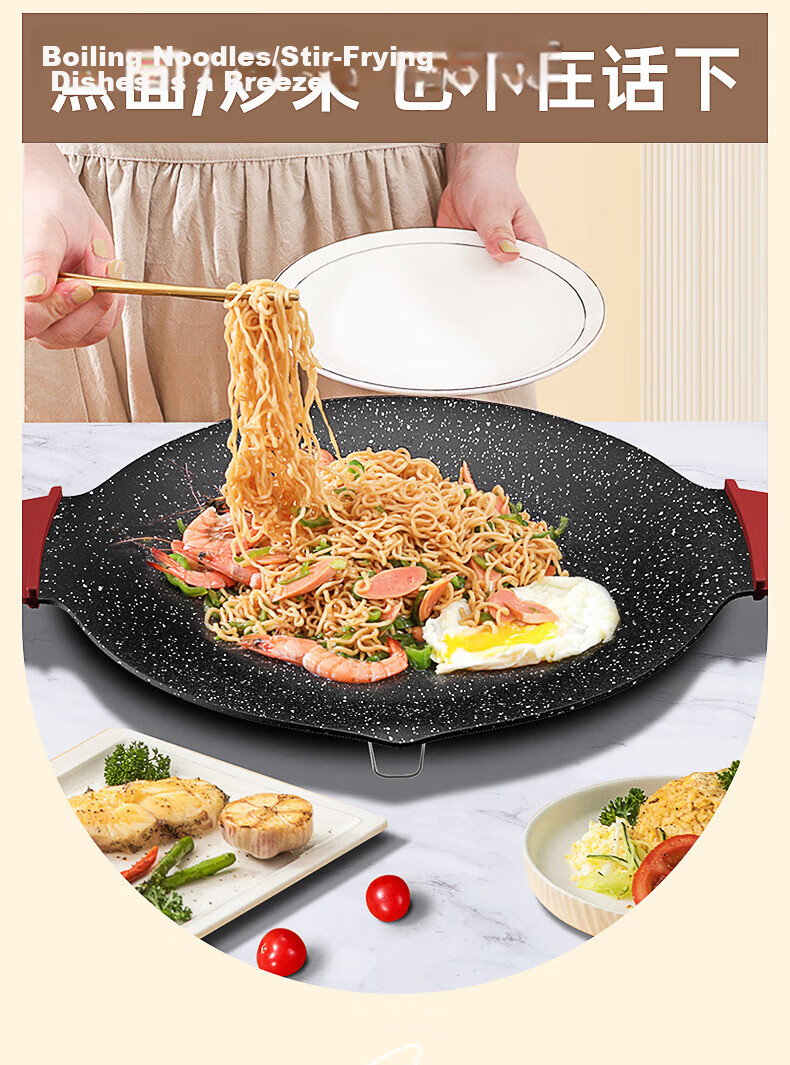 Yiduo Red Handle Round Non-Stick Korean BBQ Grill Pan for Outdoor Steak and Meat Cooking 8