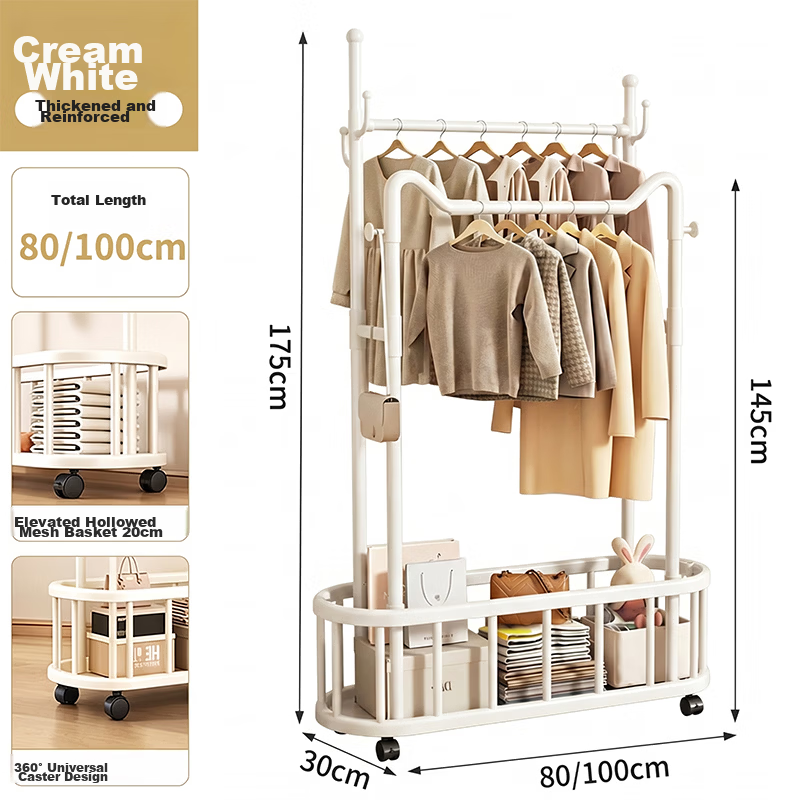 HaixiFang Floor Coat Rack with Wheels Cat Ear Design Double Rod 80cm White for Bedroom Balcony Small Spaces HL22 15