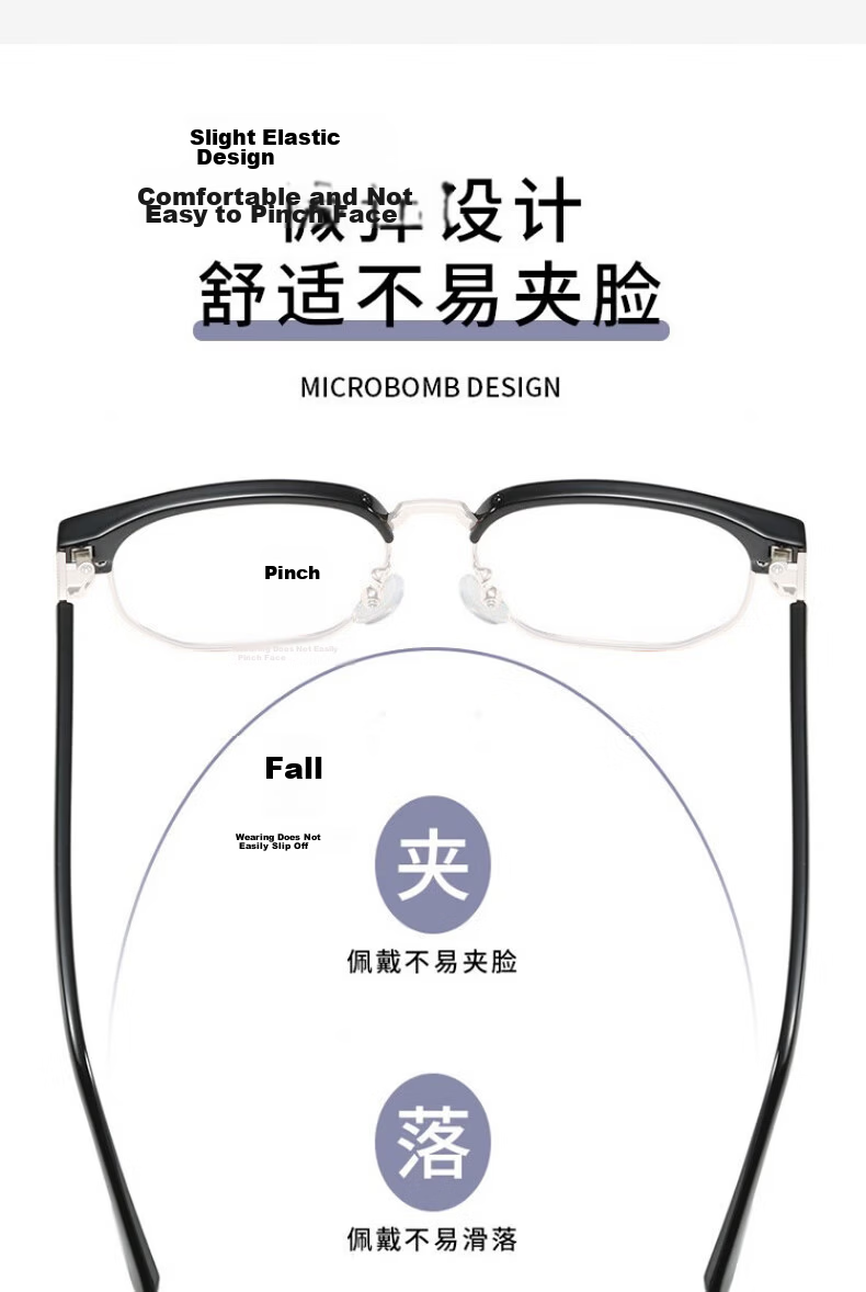 Boshide Myopia Glasses Blue Light Blocking Ultra-Light Half-Rim Plano Glasses Black Silver Frame 500 Degree Left and Right Eyes 3