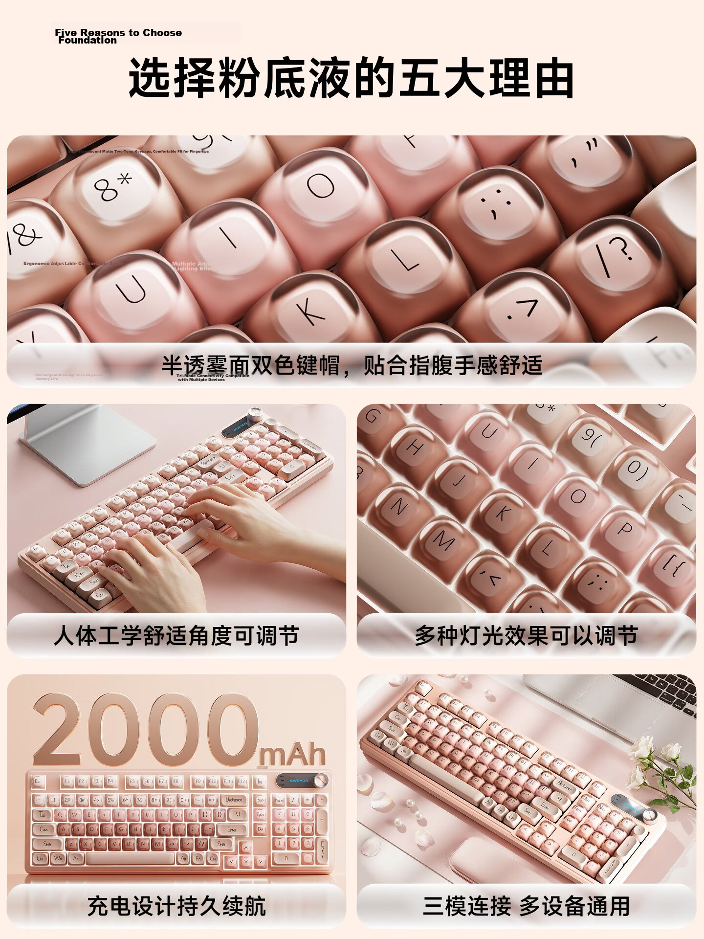 EWEADN V102 Silent Mechanical Feel Wired 98-Key Pink Keyboard for Office Gaming Laptop Tablet Peripheral 2