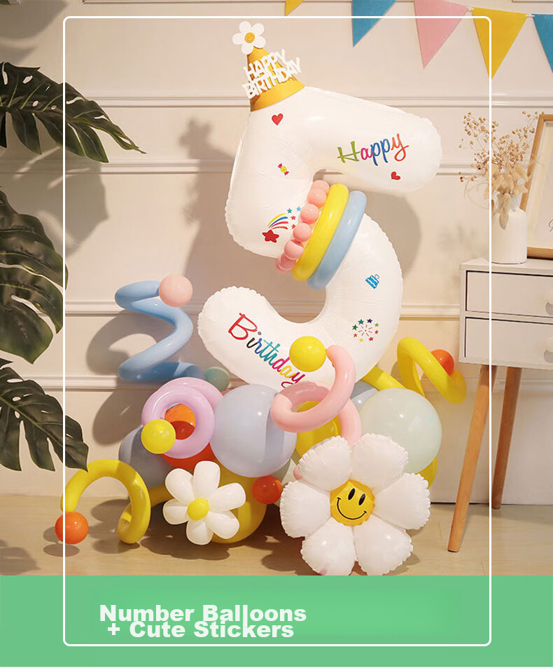 Shiluode Birthday Baby First Birthday 123 Number Balloon Stand Children's Cartoon Ins Party Scene Set, Number 5 1