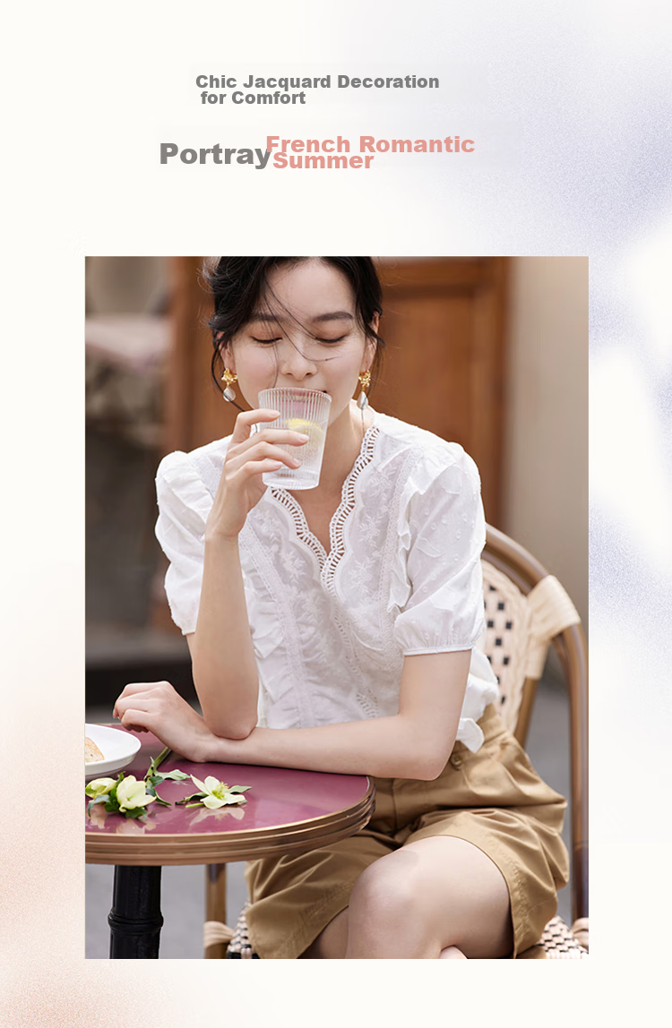 INMAN INMAN Lace Pure Color V-Neck Blouse, 2026 Summer New Arrival, Puff Sleeve Short-Sleeve Top, Pearl White, XL 2