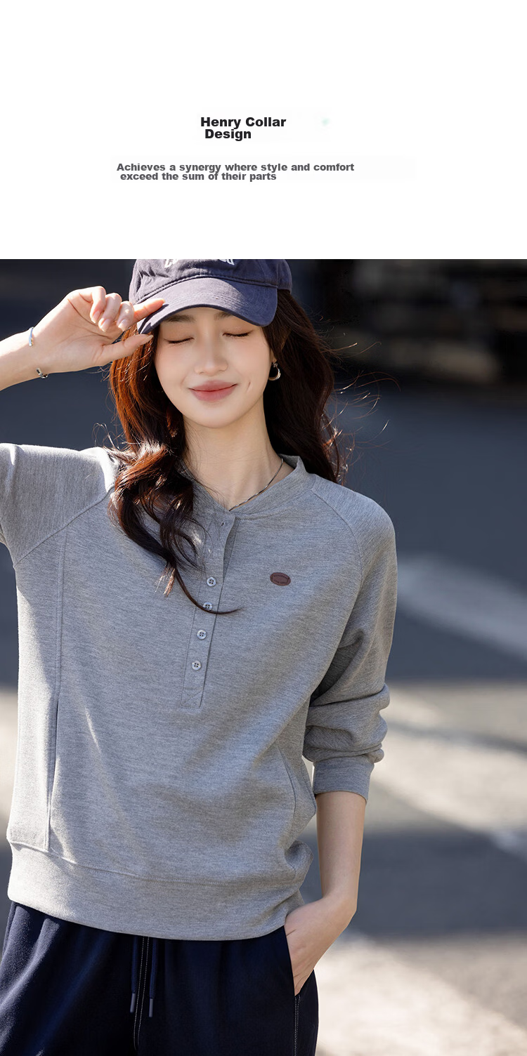 Demana Practicalism Spring Urban Style Henley Collar Small Leather Label Raglan Sleeve Slimming Concealment Jacket for Women High-End Feel 7