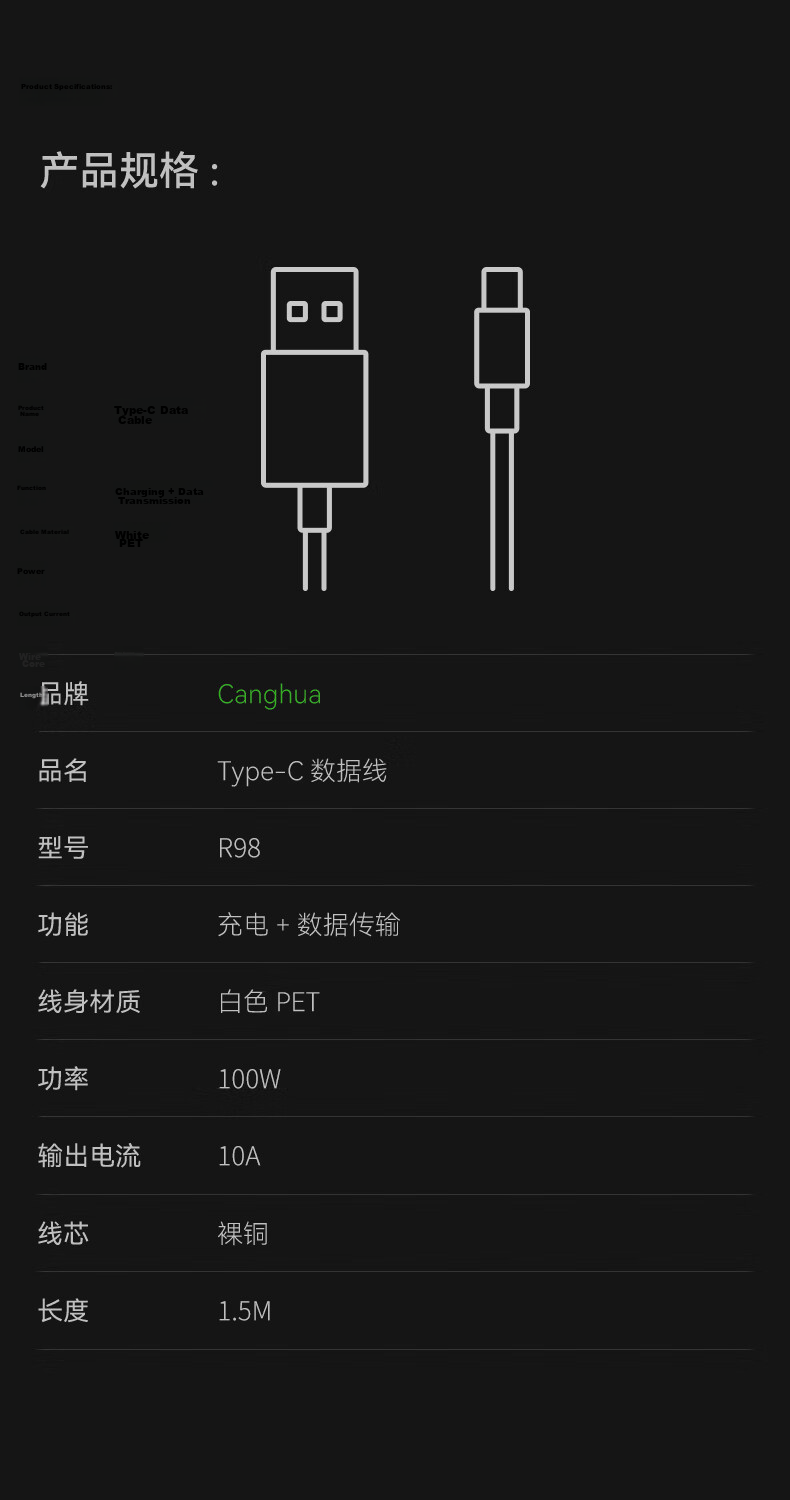 CangHua Type-C Data Cable 10A Charging Cable Super Flash Charge 100W Fast Charging Compatible with OnePlus 1+15/13/12/11/10/9RT/8Pro/Ace5/3/2 Phones 1.5m 12