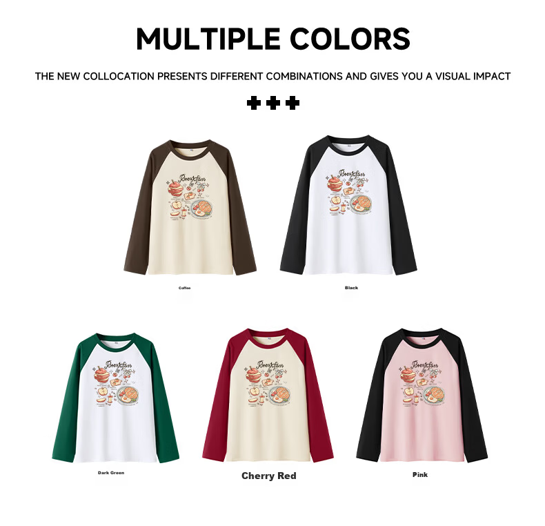 TonLion Women's Pure Cotton Long Sleeve T-Shirt Spring and Autumn New Heavyweight Color Block Loose Slim Trendy Base Shirt 3