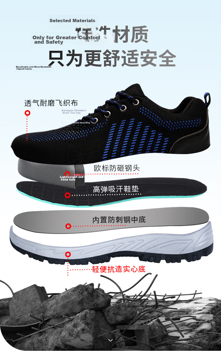 BlueOwl Shield Men's Summer Breathable Anti-Smash Steel Toe Anti-Puncture Wear-Resistant Safety Worksite Shoes DL9103 Size 37 6