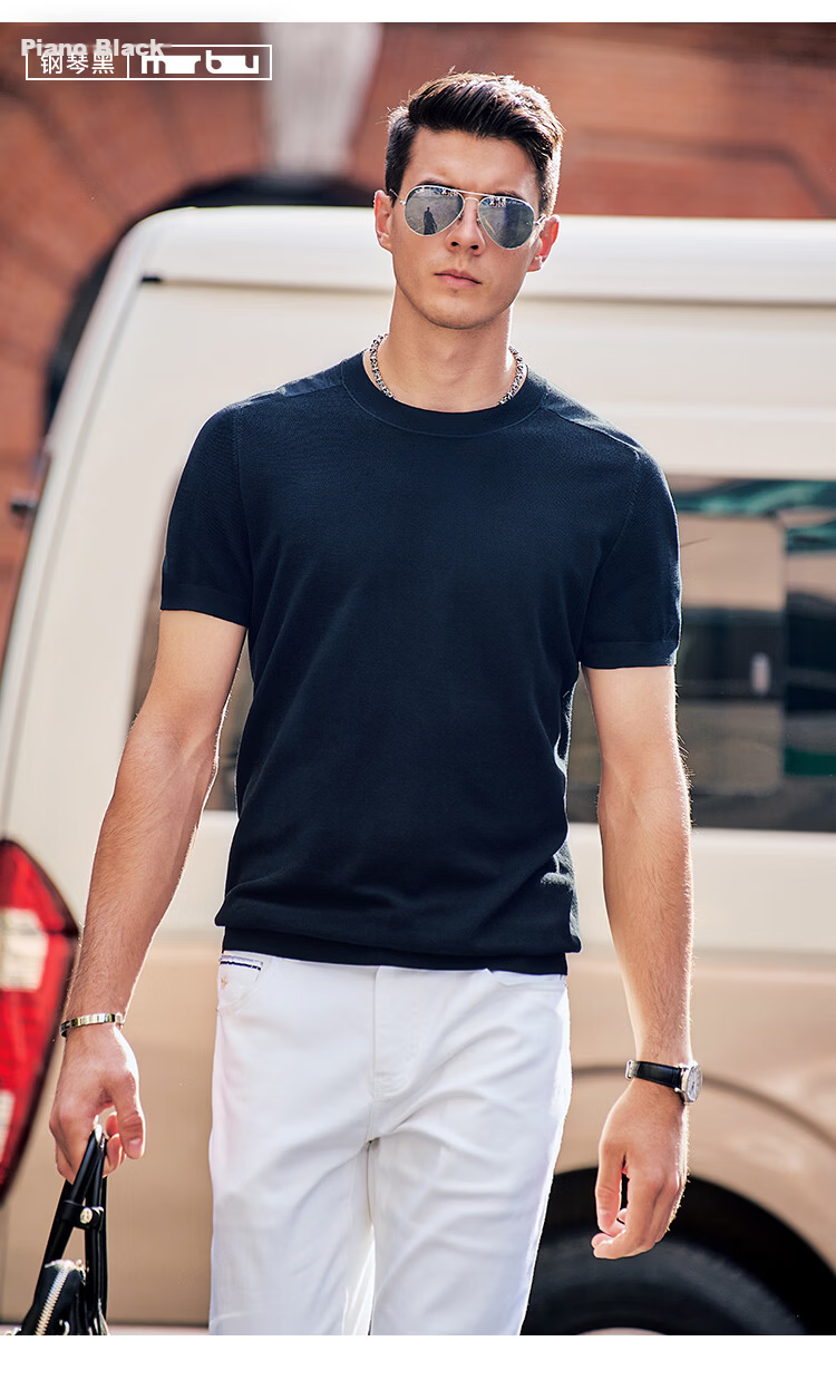 Mr.Bu Celebrity Style Men's Knitted Solid Color Short Sleeve T-Shirt Basic Shirt 10