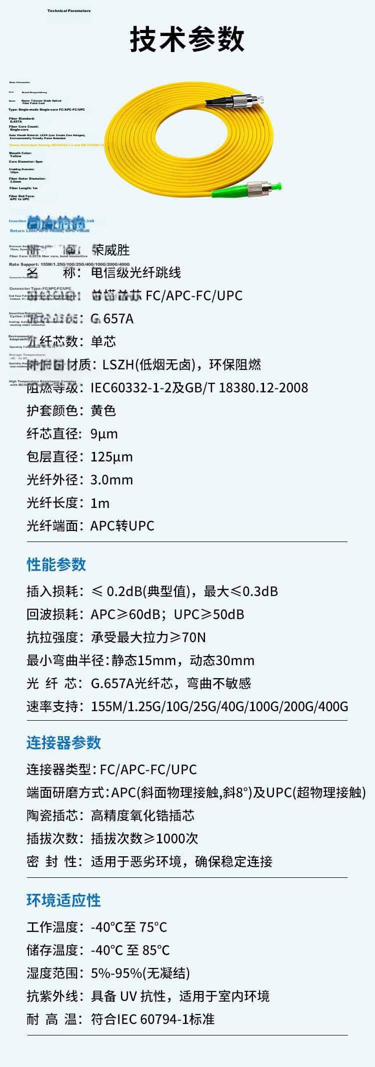 Rongwei Sheng Telecom Grade Fiber Optic Patch Cord 3m FC/APC-FC/APC Single Mode Single Core Cable for Broadcasting RWS-3771SM 1