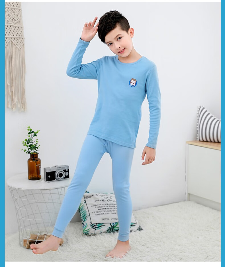 Hengyuanxiang Boys' Children's Underwear Set Youth Pure Cotton Mid-Neck Autumn Shirt and Pants Sleepwear for Boys and Students 16
