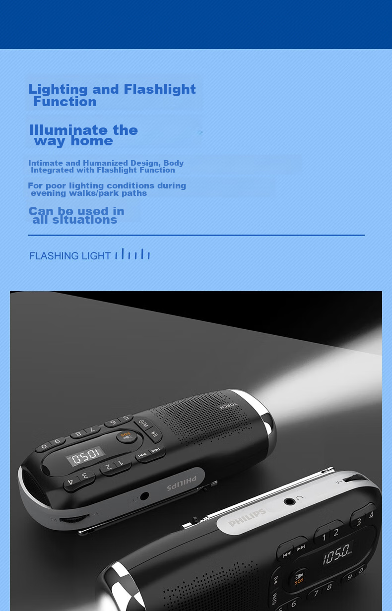PHILIPS TAR2808 Radio for Elderly, Card-Insertable Speaker, Flashlight Lighting, Portable Rechargeable Outdoor Park Emergency Alarm Lithium Battery Multifunctional Speaker 3