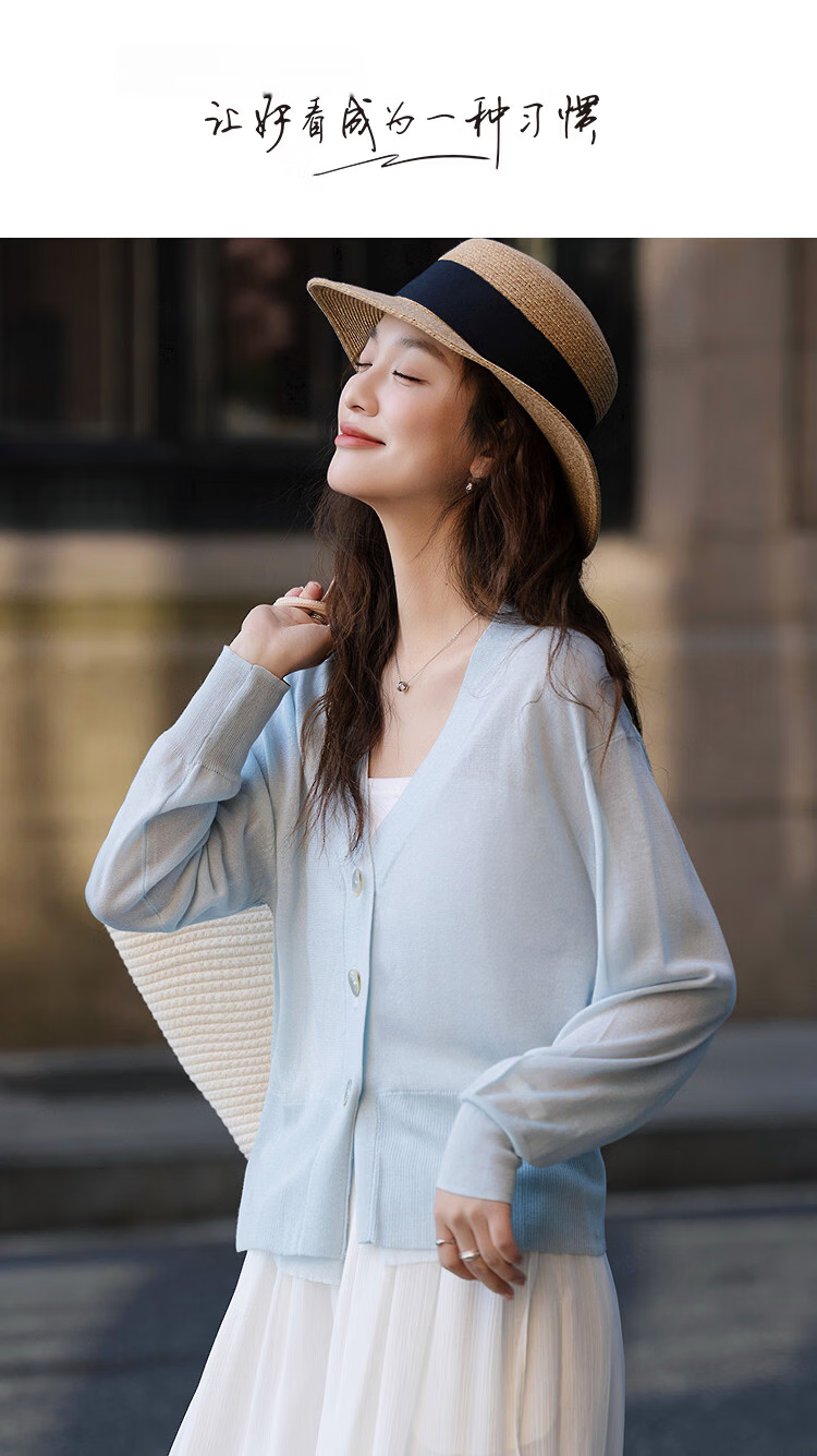 Demana [Breathable Tencel] Spring V-Neck Hollow Out Organza Spliced Loose Slim Women's Knit Cardigan 1