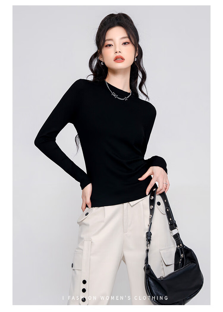 TUCANO Women's Base Layer, Spring And Autumn Inner Wear, Slim-Fit Ribbed Regular Shoulder Long-Sleeve T-Shirt, Solid Color Basic Undershirt Top, Black, M 6