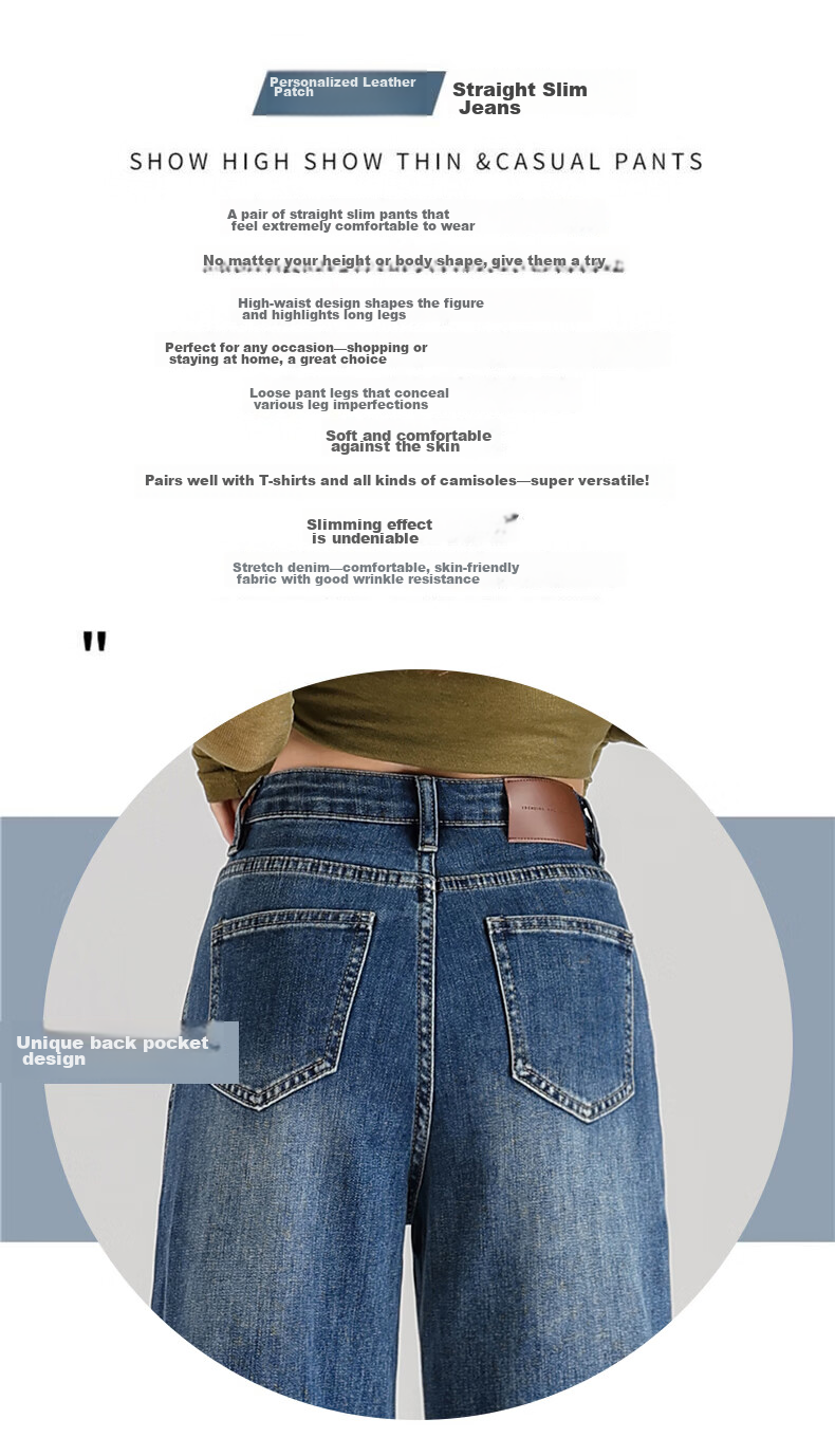 Jeanswest Women's Spring Summer Loose High Waist Slim Casual Straight Leg Cropped Cuffed Wide Leg Jeans Retro Blue XL 2