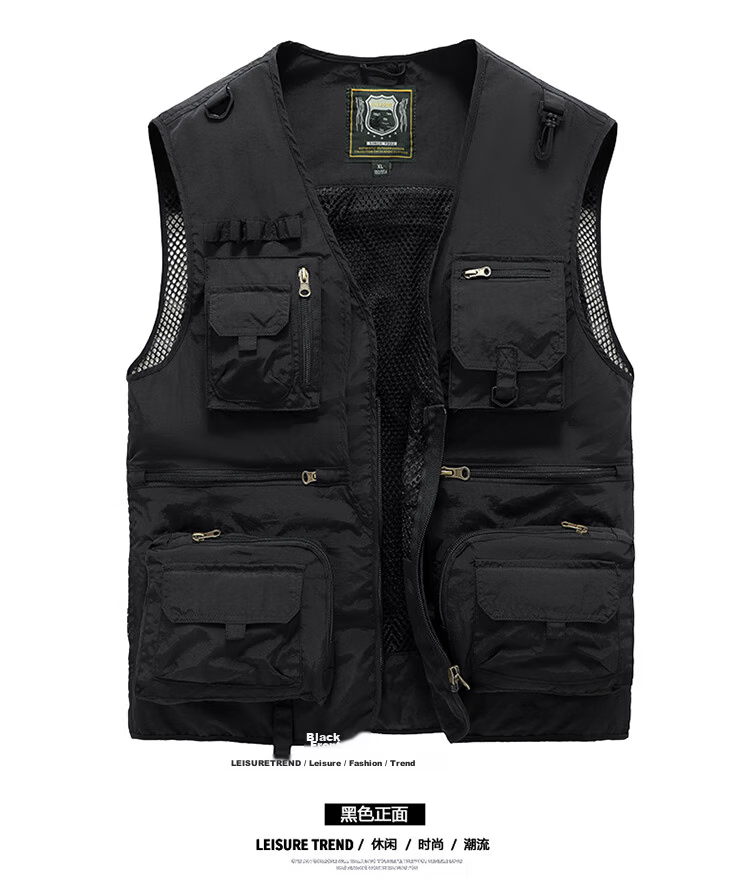 JEEP SPIRIT Men's Work Vest Spring Autumn Fishing Photography Multi-Pocket Jacket Black M 13