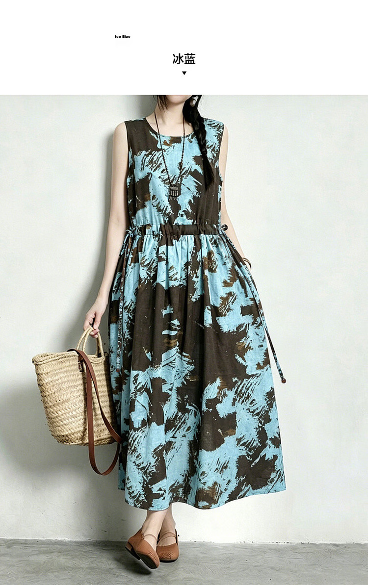 Demana [Artistic Forest Girl] Summer Ethnic Style Printed Round Neck Sleeveless Drawstring Slim Fit Dress for Women Premium Quality 14
