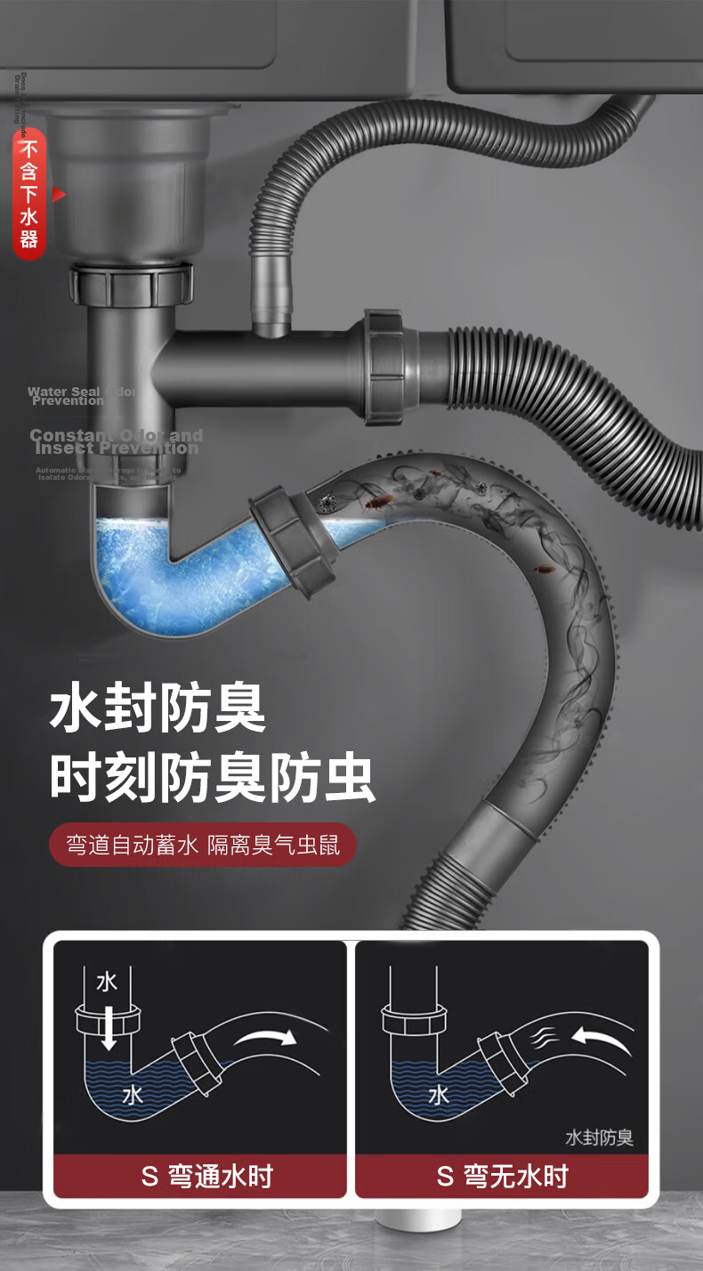 HSPA Kitchen Sink Drain Pipe Set, Double Bowl Sink with Odor Prevention, 7606 5