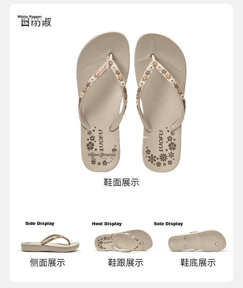 Luo Fu Women's Anti-Slip Flip Flops Bathroom Shower Silent Quick-Dry Slippers LF714010 White Pepper Size 36 20