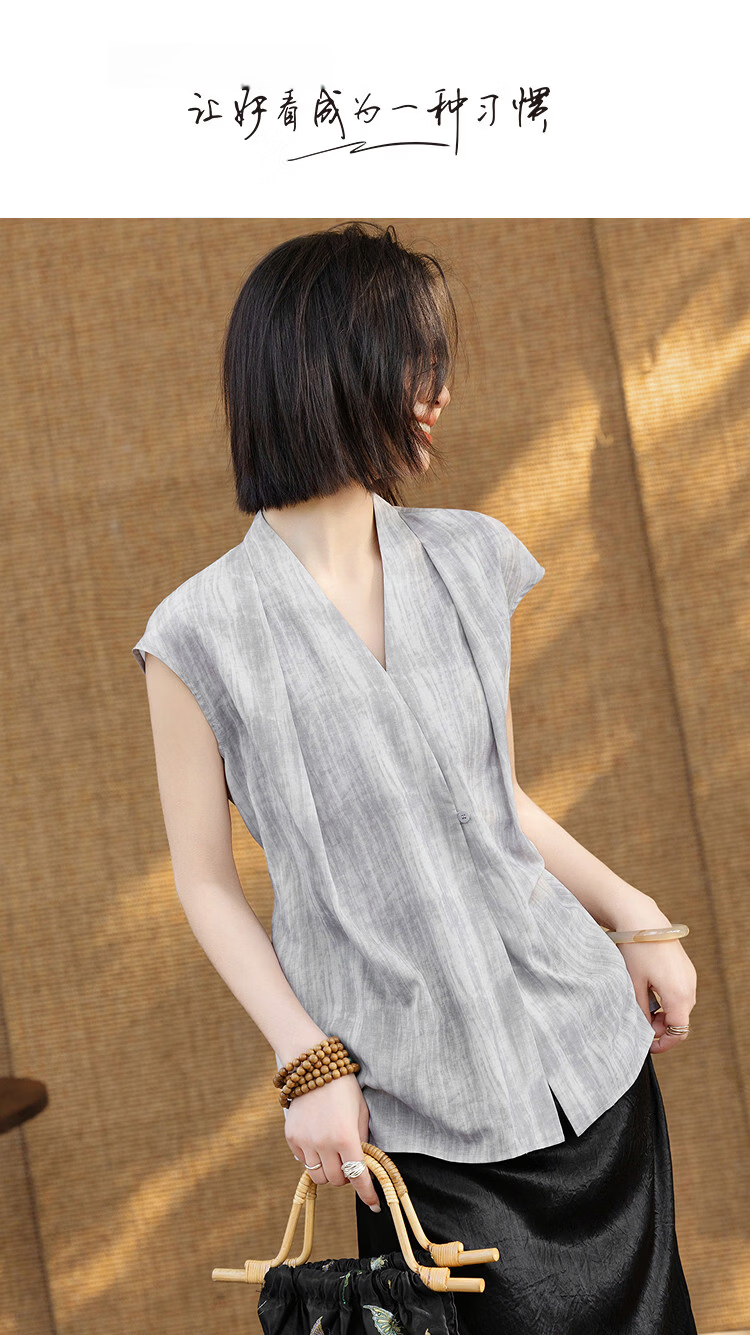 Demana Artistic Atmosphere Summer Design Cross V-Neck Pleated Sleeve Slim Fit Shirt for Women High-End Feel 1
