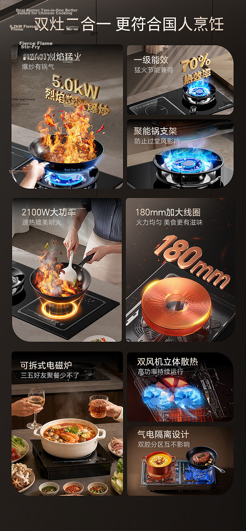 Royalstar Extraordinary Series Dual Fuel Gas Stove Built-in Double Burner Natural Gas One Gas One Electric Integrated Stove 70% Thermal Efficiency JZDT-30B1 Right 4