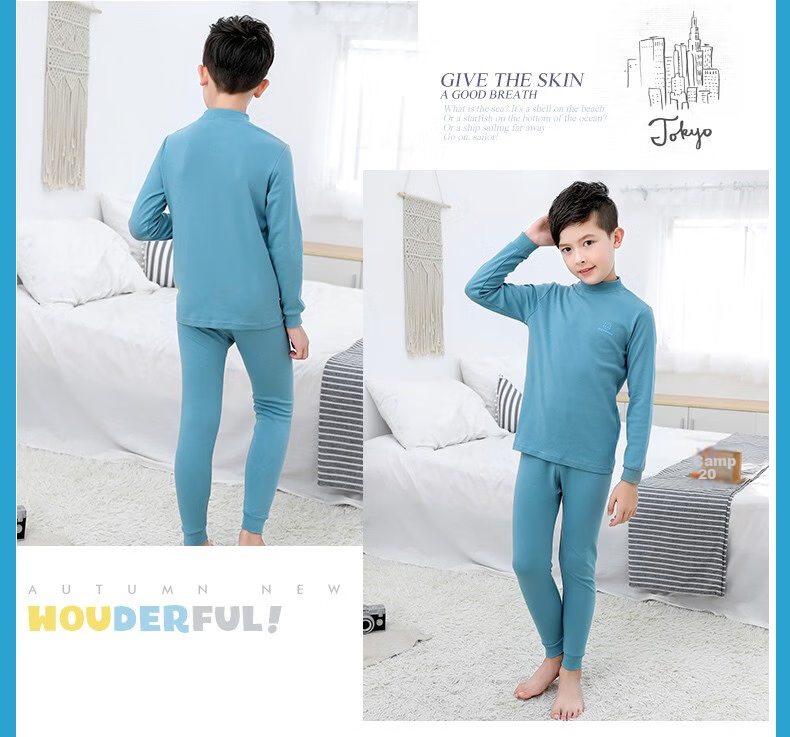 Hengyuanxiang Boys' Children's Underwear Set Youth Pure Cotton Mid-Neck Autumn Shirt and Pants Sleepwear for Boys and Students 41