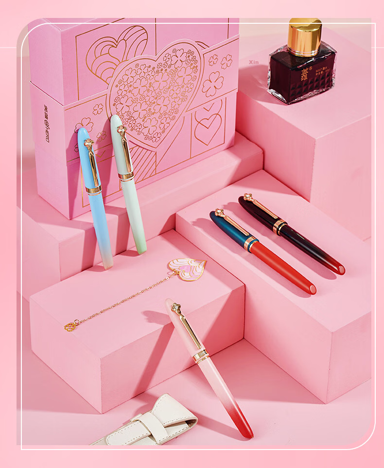 HERO Fountain Pen Gift Box High-End Graduation Gift for Women Signature Pen 5069 Ink Set Business Gift Birthday Present for Girlfriend Pink Red 15