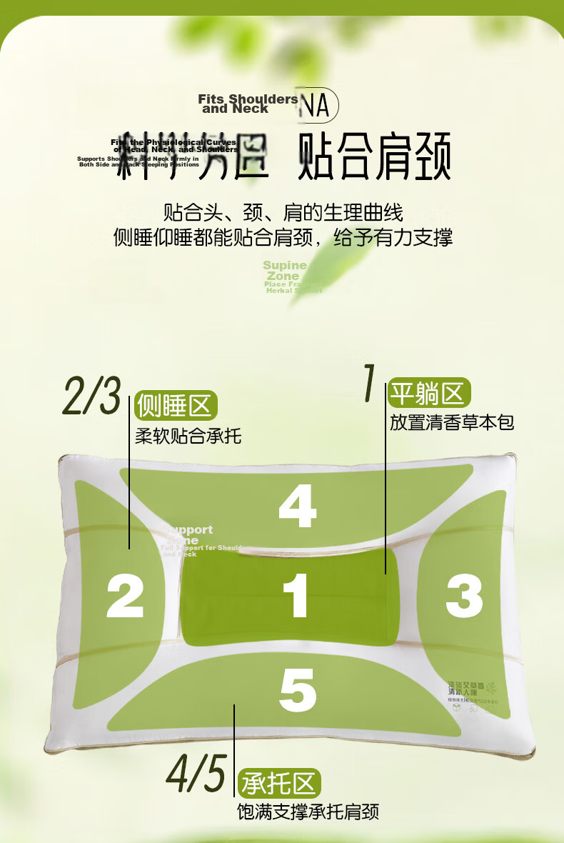 Fuanna Cassia Antibacterial Herbal Cervical Pillow Mugwort Tea Scent Neck Support Pillow for Adults 70*45cm 4