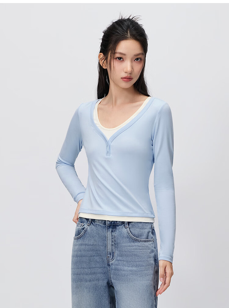 Semir Women's Long Sleeve T-Shirt 26 Autumn Short Slim Fit V-Neck Color Block Faux Two-Piece Top 109526101006 35