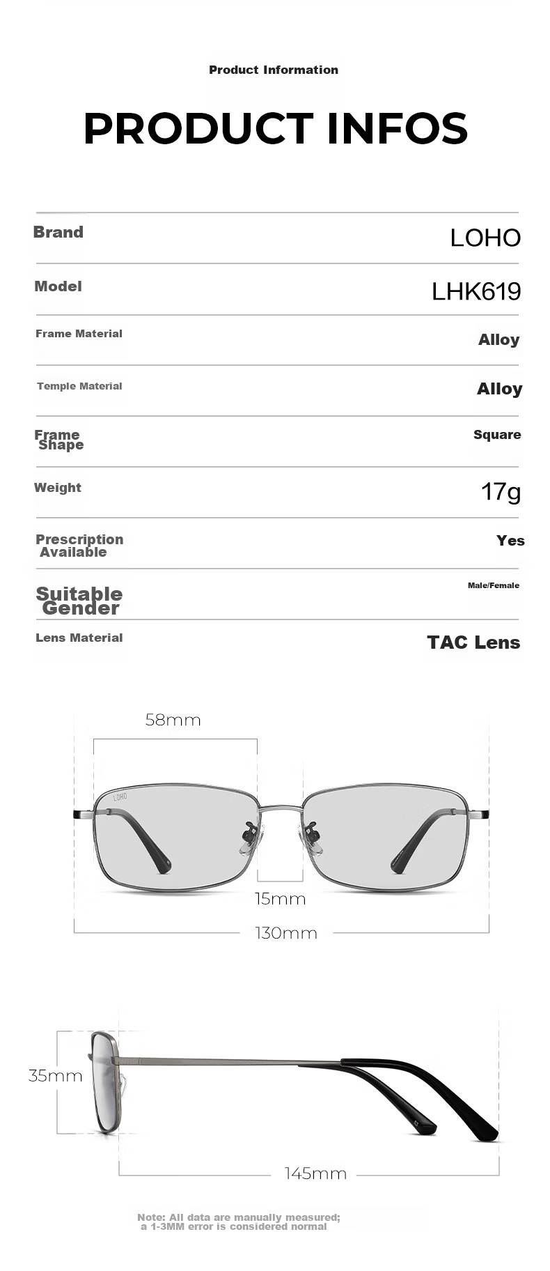 LOHO Men's Polarized Photochromic Cycling Driving Square Frame Sunglasses Fashion Retro HD Alloy Sun Protection Glasses 7