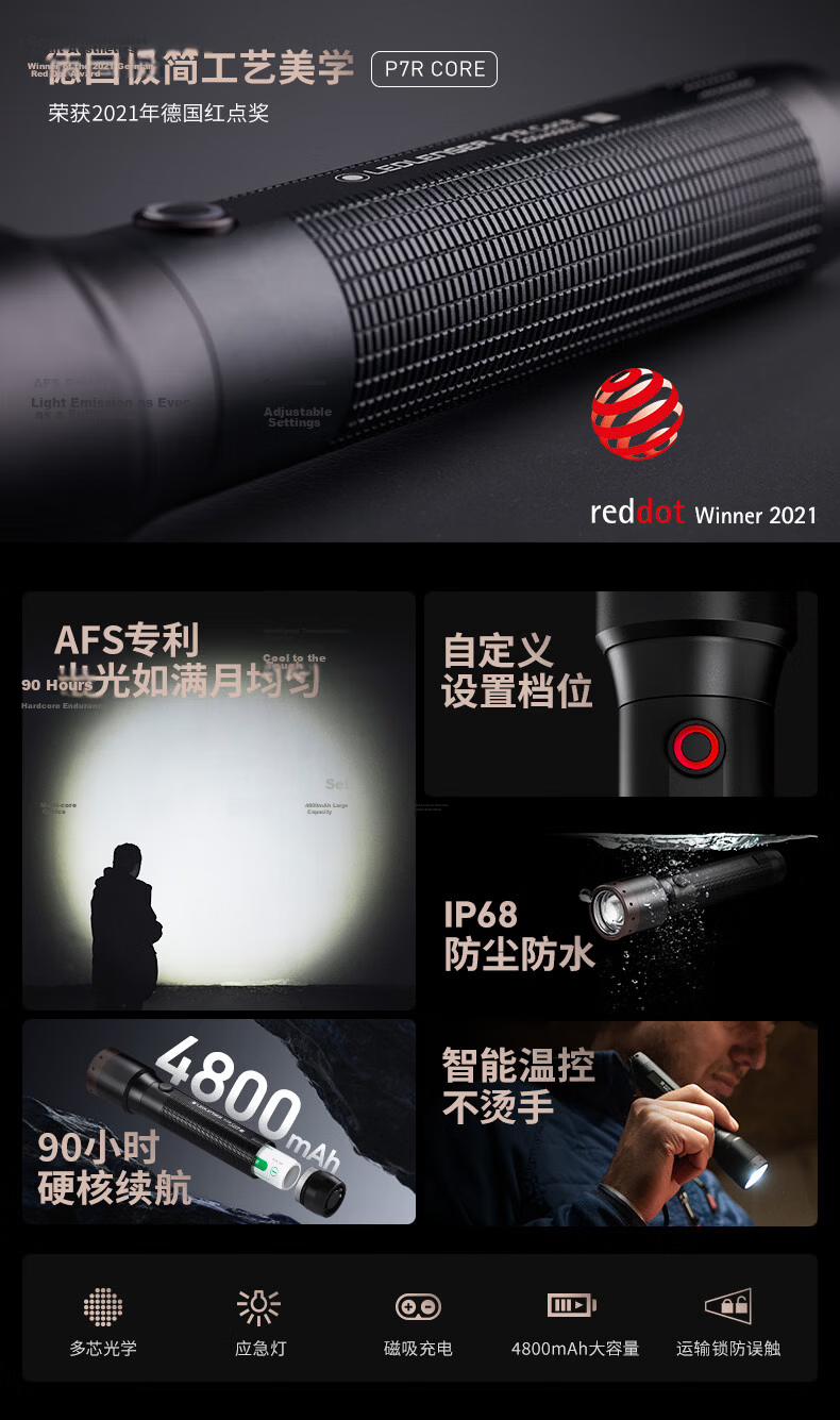 LED LENSER Germany High-Power Flashlight P7R Long Battery Life Ultra-Bright Military Rechargeable Outdoor Lighting Waterproof Zoom for Hiking Diving 2