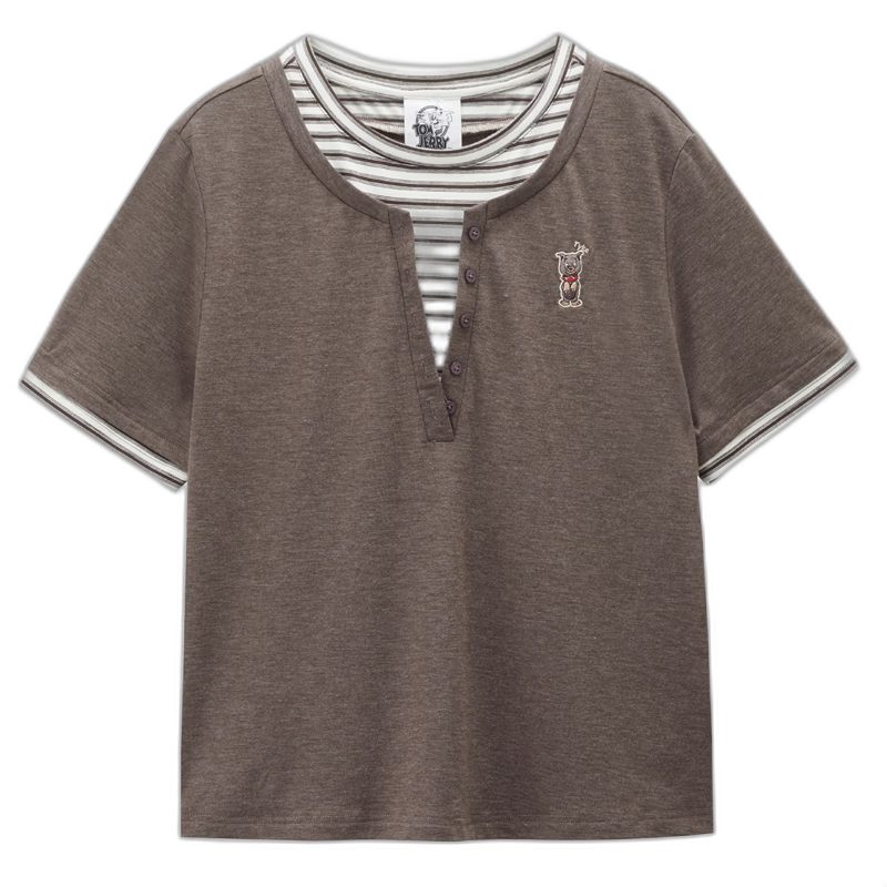 Giordano [Tom and Jerry Collaboration] Embroidered Two-Piece Striped Loose Fit Crew Neck Short Sleeve T-Shirt for Women 18326815
