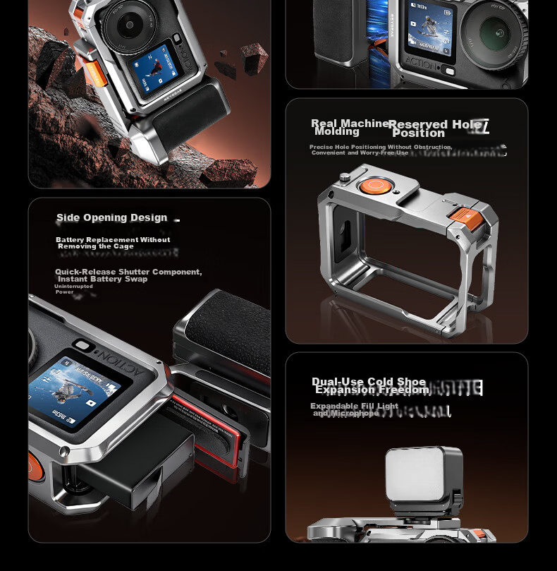 REYGEAK DJI Action 6 Street Photography Kit Handle Ultra-Light Rabbit Cage Metal Frame Expansion Shockproof Protective Case 3
