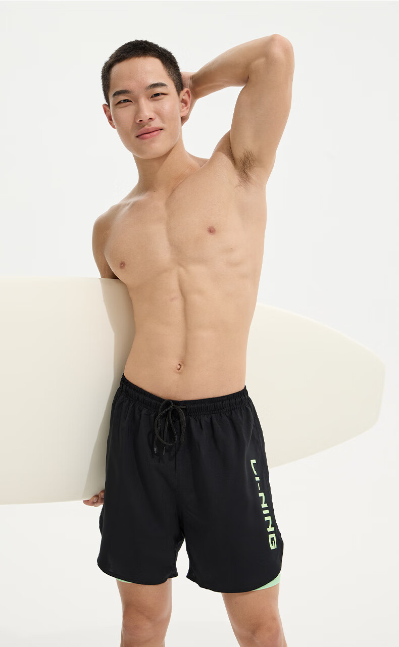 Li-Ning Swimming Trunks for Men, Quick-Drying Sports Swim Shorts, Anti-Embarrassment, Knee-Length, Double-Layered, Anti-Exposure, Beach Vacation Shorts, 814 Black, Size M 10