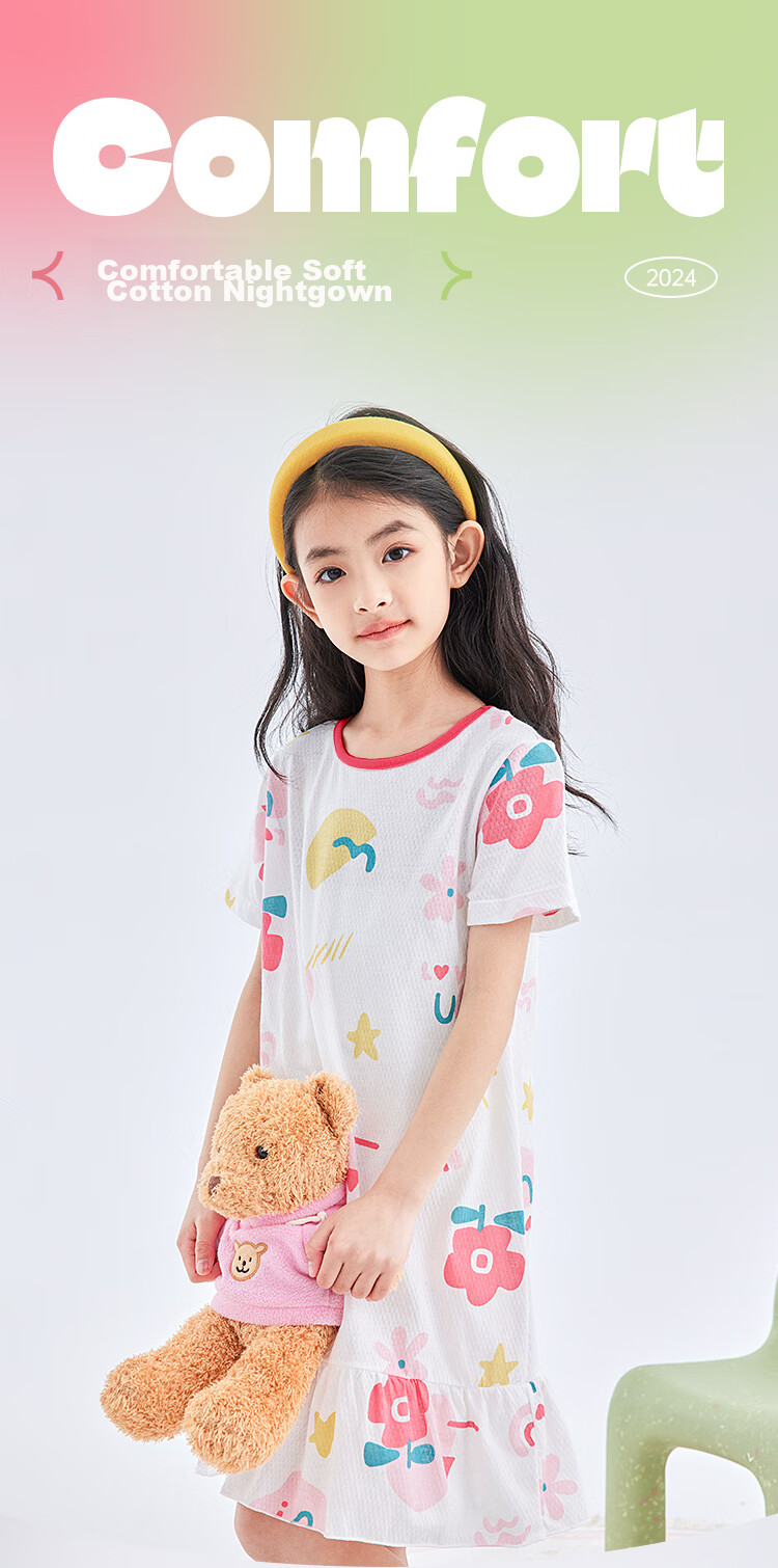 Hodo 【7A Antibacterial Pure Cotton】Girls Lightweight Breathable Mesh Nightdress Toddler Summer Cotton Short Sleeve Home Dress 1