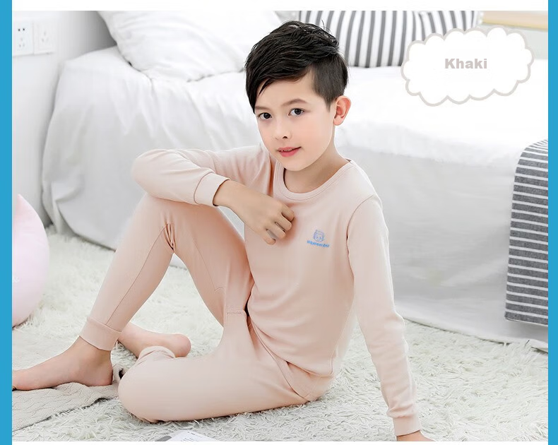 Hengyuanxiang Boys' Children's Underwear Set Youth Pure Cotton Mid-Neck Autumn Shirt and Pants Sleepwear for Boys and Students 18