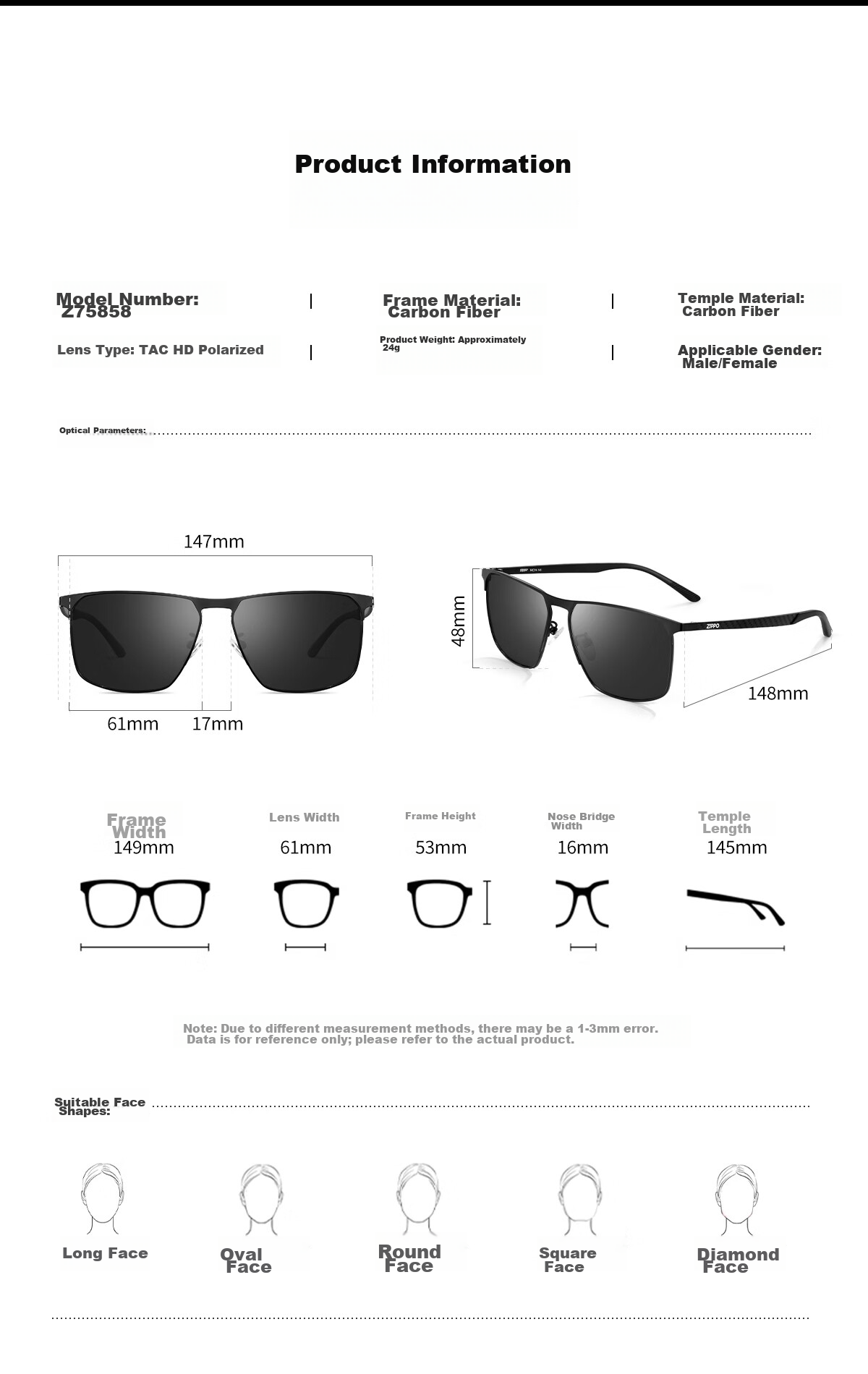 ZIPPO USA Carbon Fiber Sunglasses HUD Heads-Up Display Photochromic Polarized Driving Glasses 75858E77 Qixi Festival 21