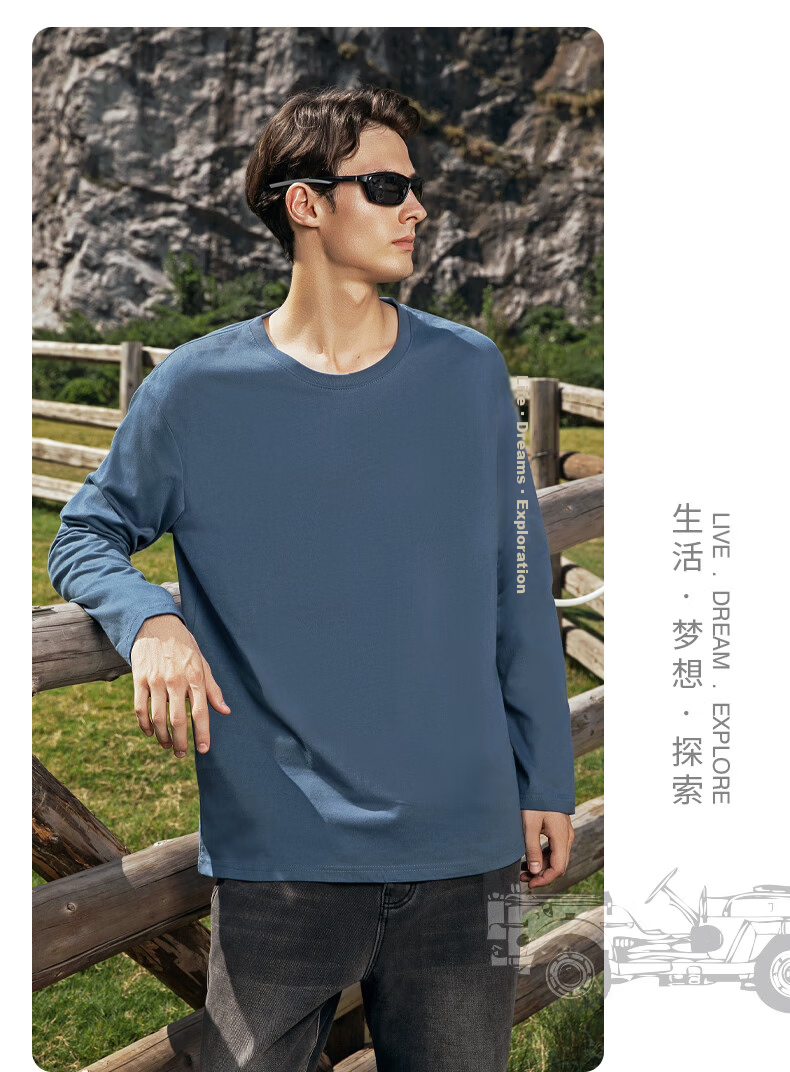 JEEP SPIRIT Men's Premium Cotton Spring Long Sleeve T-Shirt Casual Loose Breathable Skin-Friendly Vintage Heavyweight Tee 19