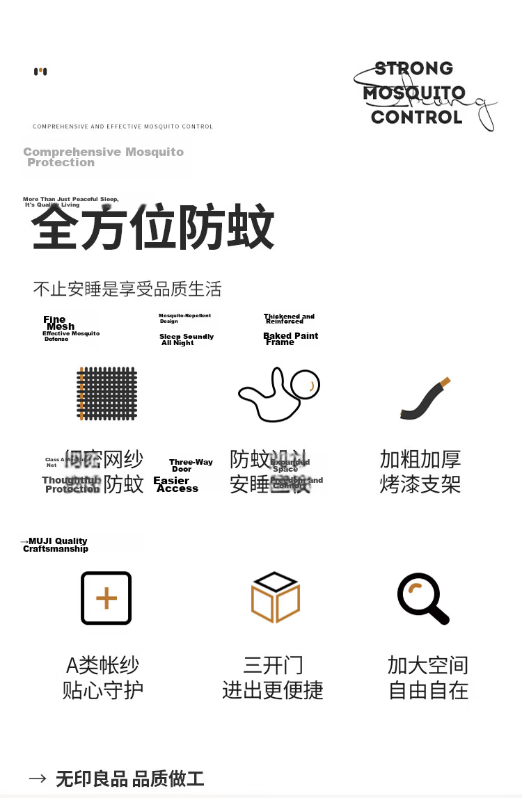 MUJI Mosquito Net [Class A Dense Mesh] Anti-Fall Anti-Collision Seamless Mosquito Net Full Enclosure for 1.5x2m Bed 2