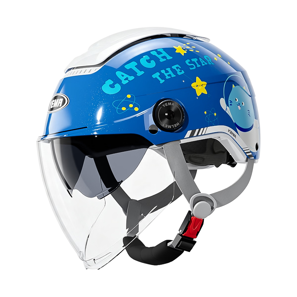 YEMA Children's Helmet 3C Certified Summer Sun Protection Half Helmet for Electric Bikes Boys and Girls Motorcycle Safety Helmet Ages 3-12 252S Elegant Blue with Transparent Long Visor