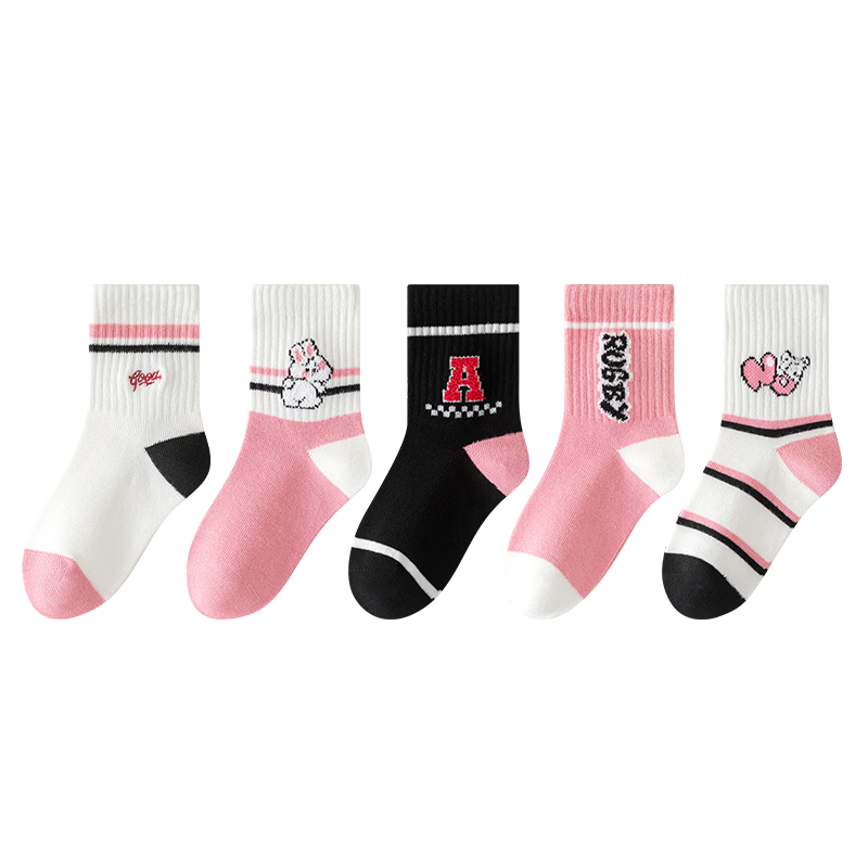 MiiOW Children's Socks, Girls' Mid-Calf Socks, Autumn And Winter Letter Trendy Socks, Girls' Sports Socks, 5 Pairs Pack, Pink Rabbit Design, XL Size