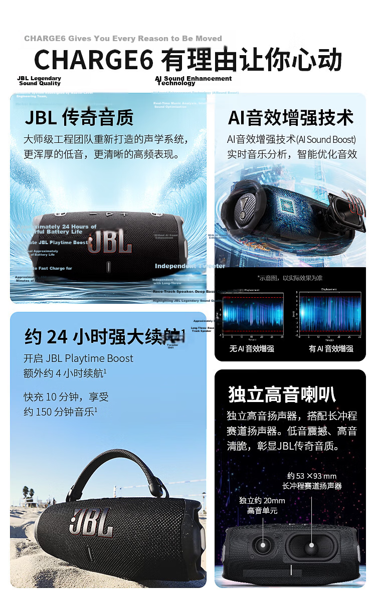 JBL CHARGE6 Music Shockwave 6th Gen Portable Bluetooth Speaker + Subwoofer Outdoor Waterproof Speaker AI Sound Enhancement Men's Gift Deep Space Black 3