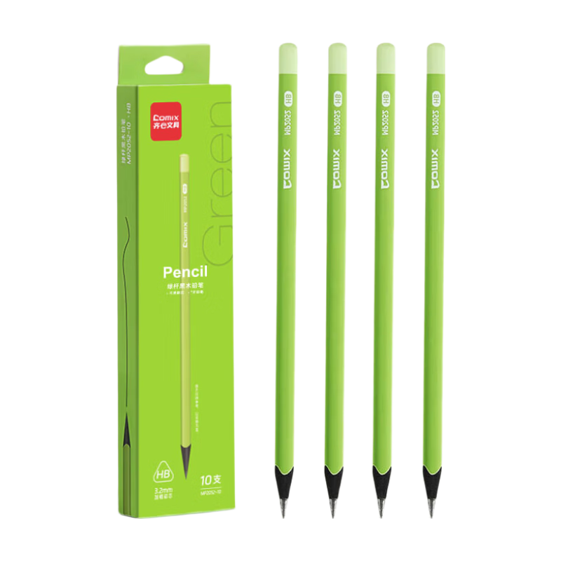 Comix 10-Pack HB Green Barrel Black Wood Pencils Triangular 3.2mm Thick Lead Core Break-Resistant Student Art Sketch Drawing Writing Practice Back-to-School Gift MP2052