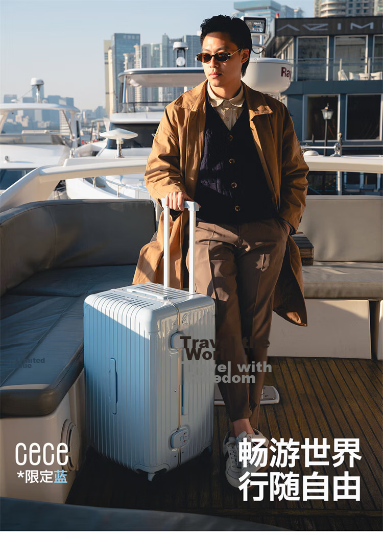 CECE Large Capacity Thickened Aluminum Frame Suitcase for Women, Travel Luggage with Trolley, Password Lock, Leather Case, Ice Blue, 30 Inch 1