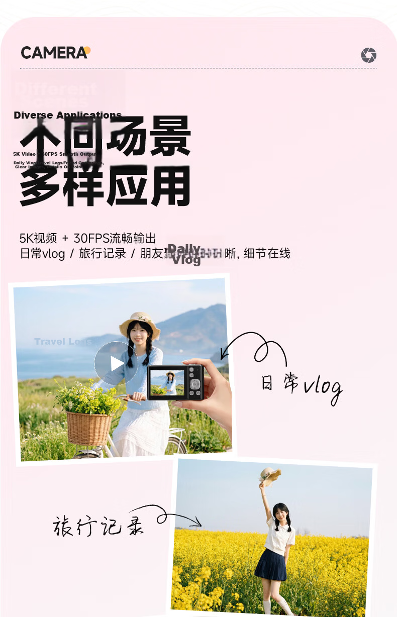 SONGDIAN Camera Student HD Travel Alternative CCD Upload to Phone Video Recording Selfie Vlog Compact Camera DC325 White 64GB Memory 13